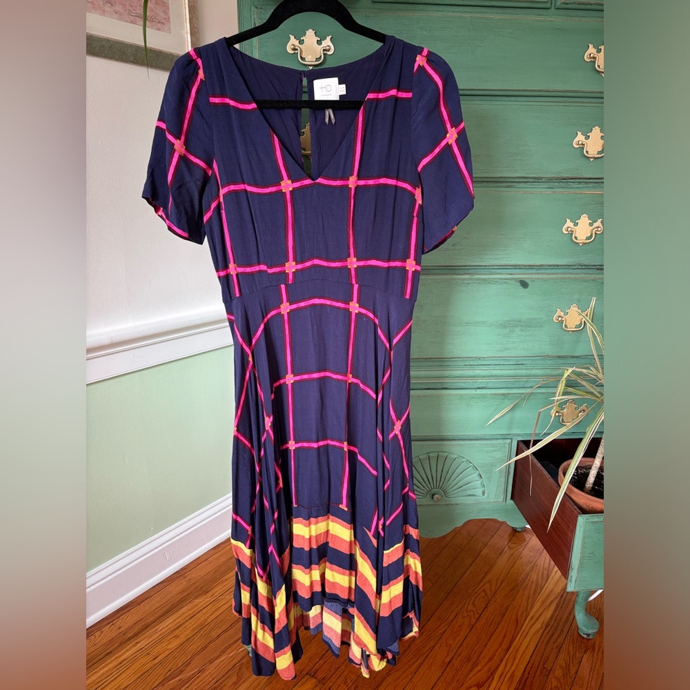 Anthropologie HD in Paris Windowpane Striped Midi Dress US Size 6